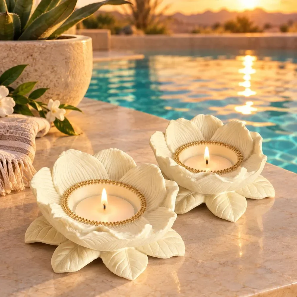 PartyLite P7369 Magnolia Lotus Flower Candle Holders Set of 2 Bisque Porcelain